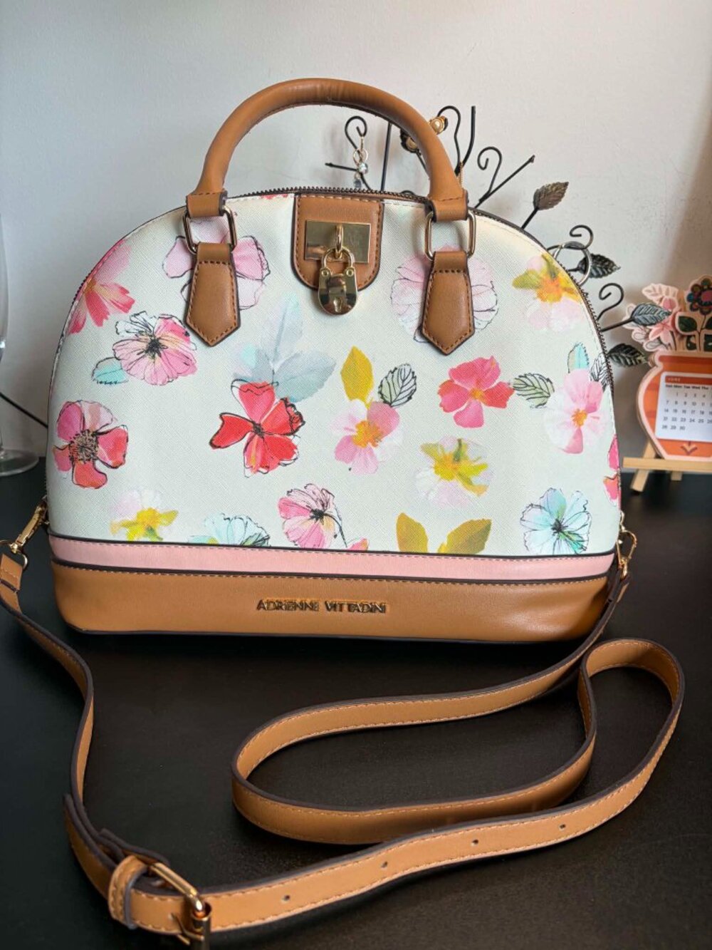 Adrienne Vittadini Floral Dome Satchel Crossbody Bag White Multi Pastel